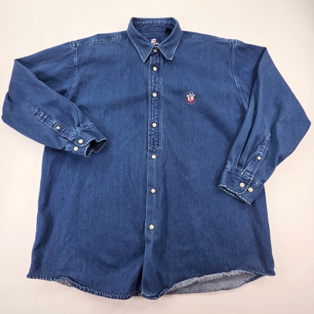 Vintage Karl Kani Jeans Denim Button Down Shirt Mens XL Blue 90s Hip Hop Logo